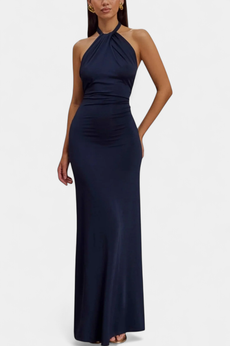 Trinity Robe Halter Ajustado con Fruncido y Espalda Descubierta