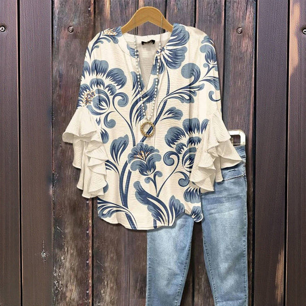Vintage Blus Med Blommönster