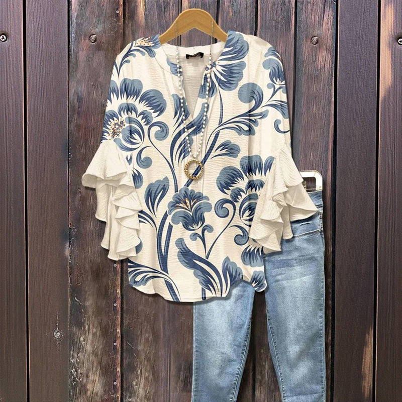 Vintage Blus Med Blommönster