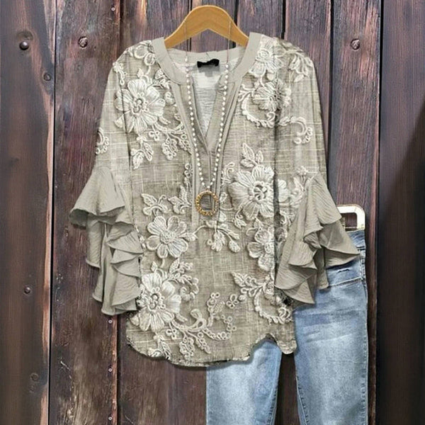 Vintage Blus Med Blommönster