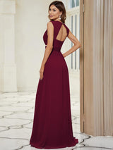Robe longue de demoiselle d'honneur froncée à col en V