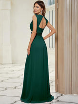 Robe longue de demoiselle d'honneur froncée à col en V