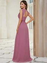 Robe longue de demoiselle d'honneur froncée à col en V