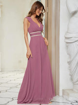 Robe longue de demoiselle d'honneur froncée à col en V