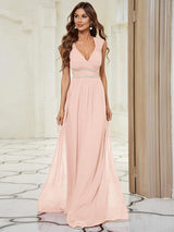 Robe longue de demoiselle d'honneur froncée à col en V
