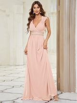Robe longue de demoiselle d'honneur froncée à col en V